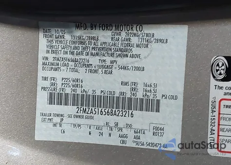 2006 Ford Freestar Se z USA, uszkodzony, nr VIN 2FMZA51656BA23216